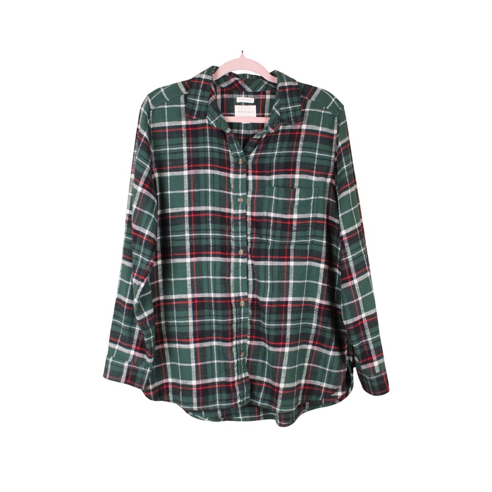 American Eagle Outfitters Grunge Gorpcore Green Plaid Boyfriend Fit Button Top